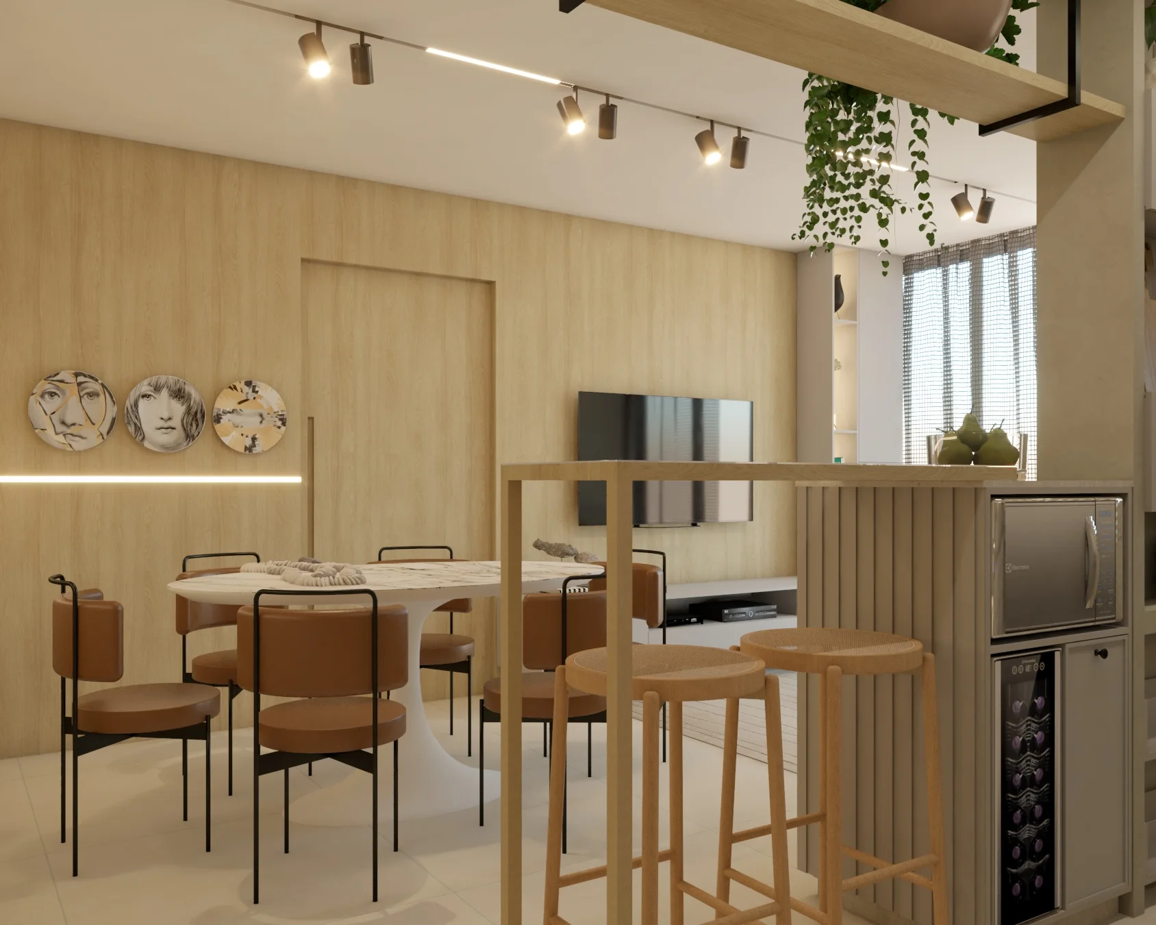 Ambiente integrado em tons claros com mesa e elementos em madeira