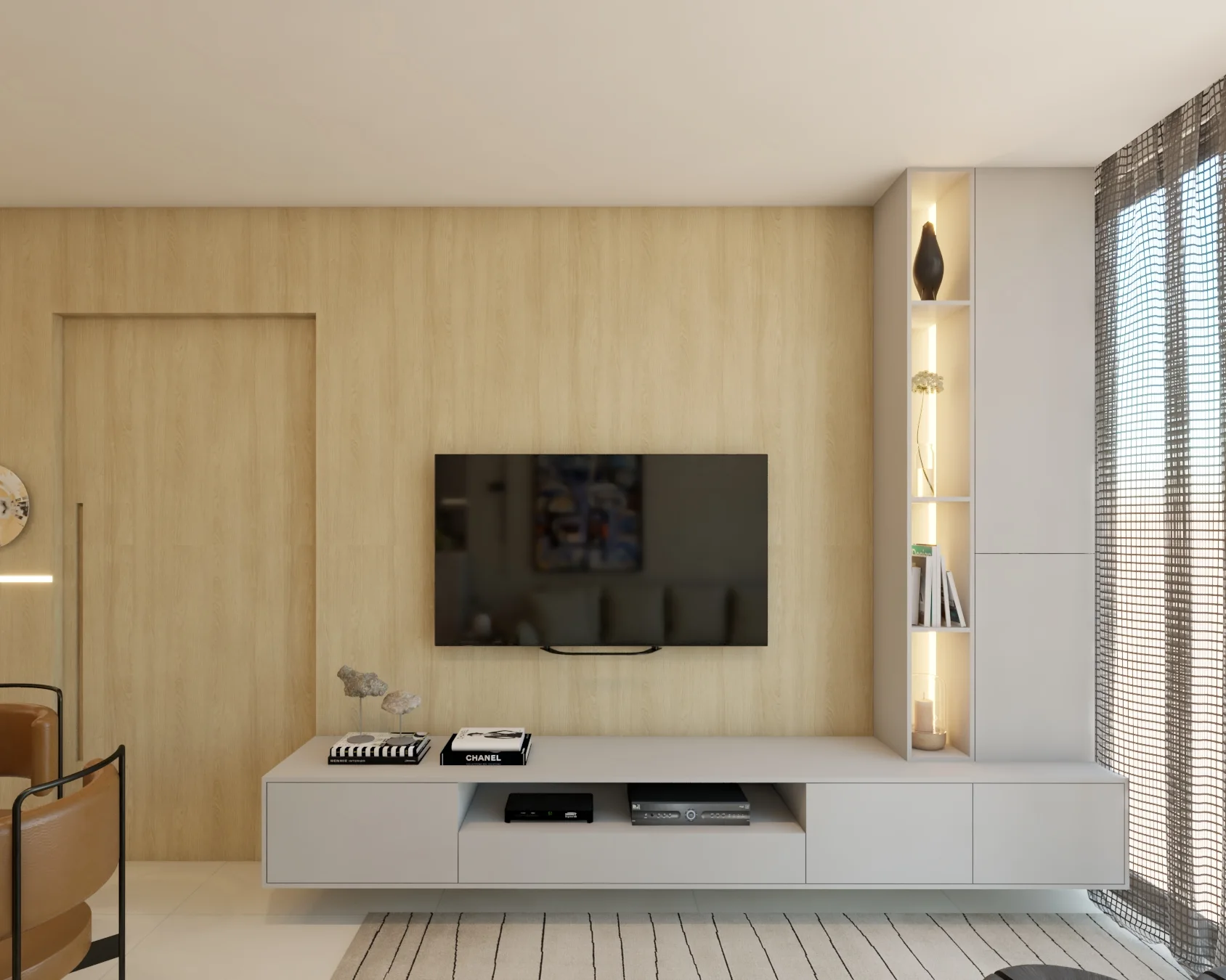 Sala clara com painel de televisão e marcenaria suspensa