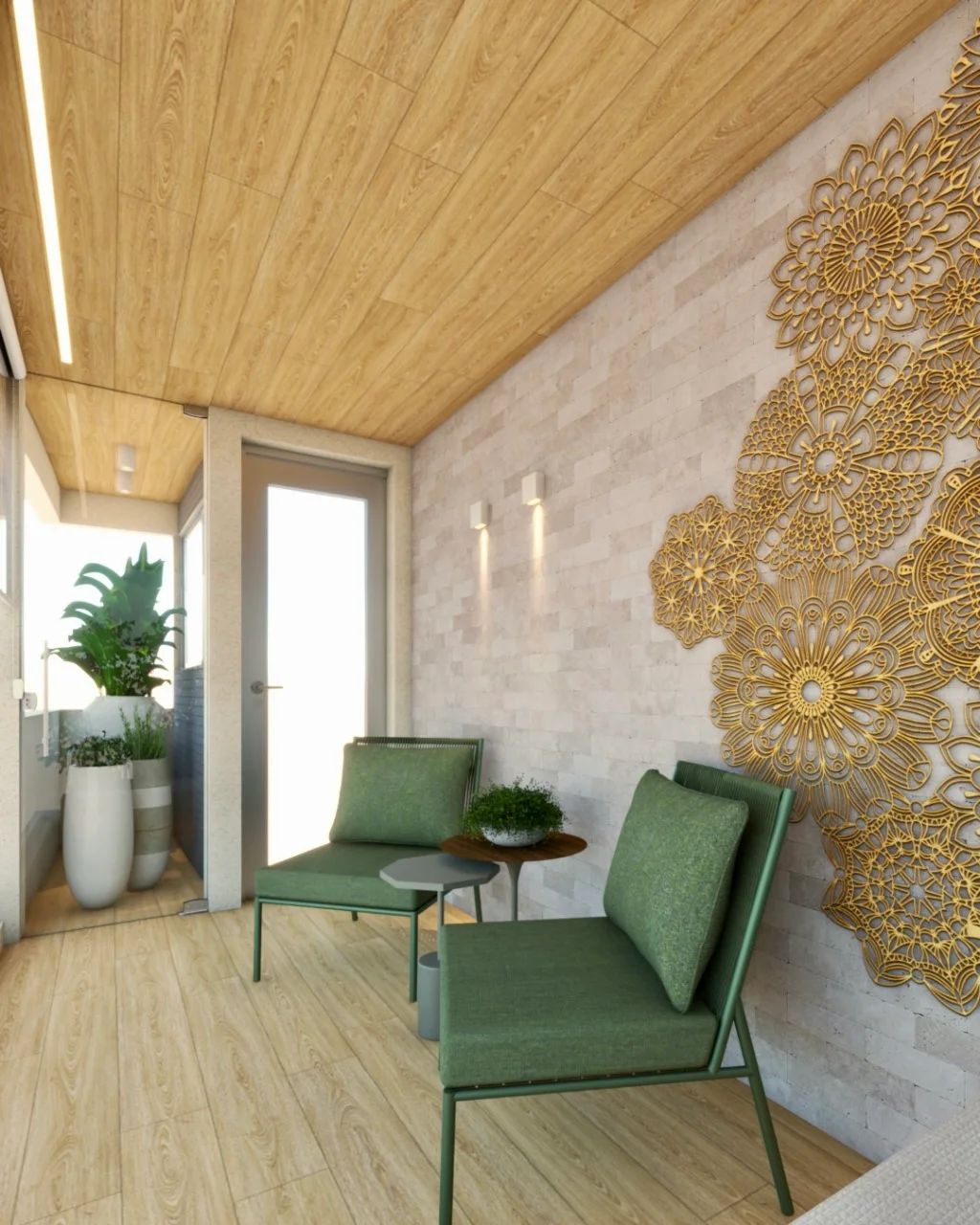 Interior claro com poltronas verdes, vegetação e painel ornamental