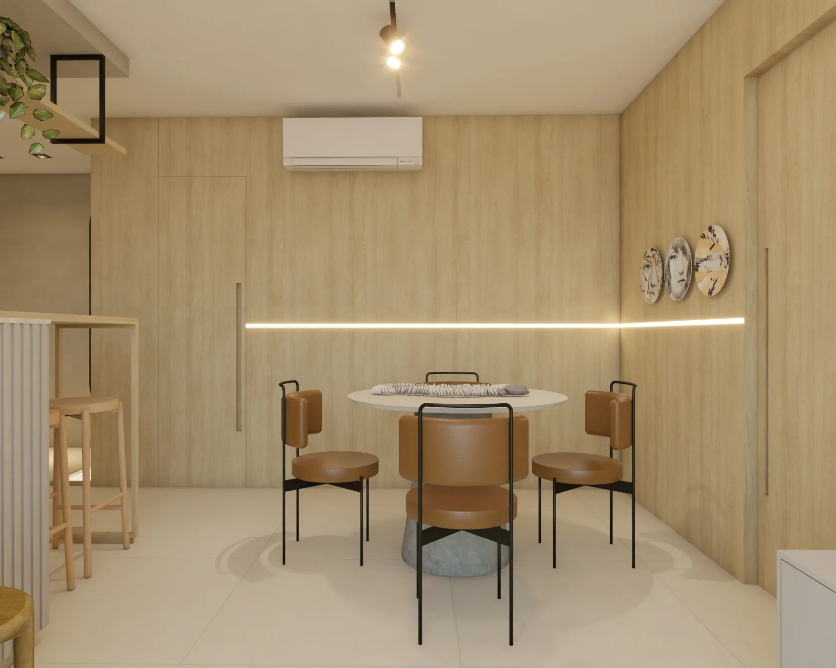 Área de jantar clara com mesa central e cadeiras